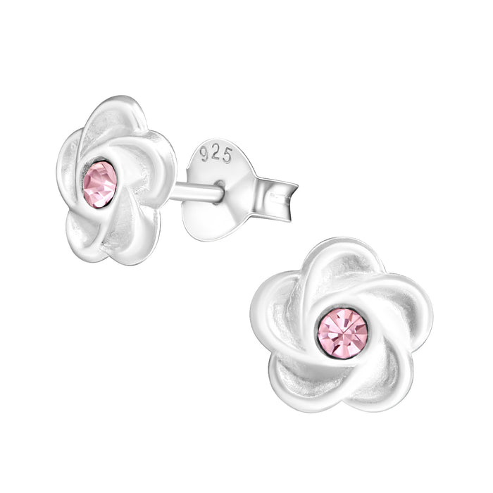 Joy|S - Zilveren bloem kristal roze oorbellen 8 mm