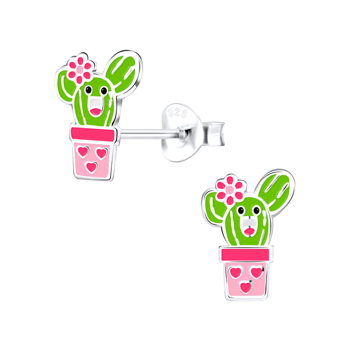 Joy|S - Zilveren cactus oorbellen met hartjes en bloem