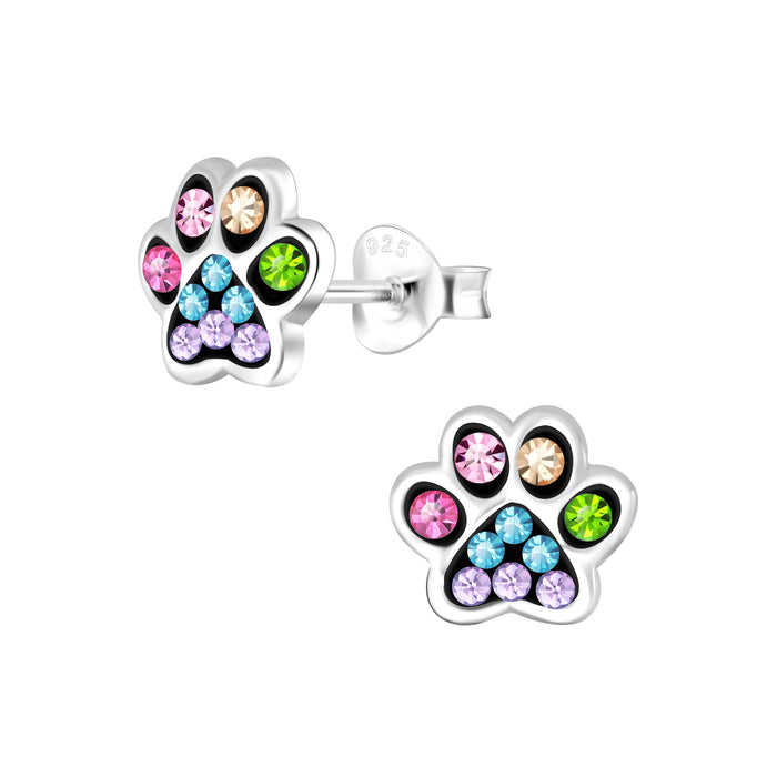 Joy|S - Zilveren kat hond dierenpoot oorbellen - 8 mm - zwart met multicolor kristal - poot afdruk