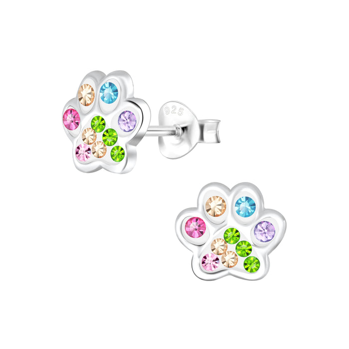 Joy|S - Zilveren kat hond dierenpoot oorbellen - 8 mm - multicolor kristal - poot afdruk