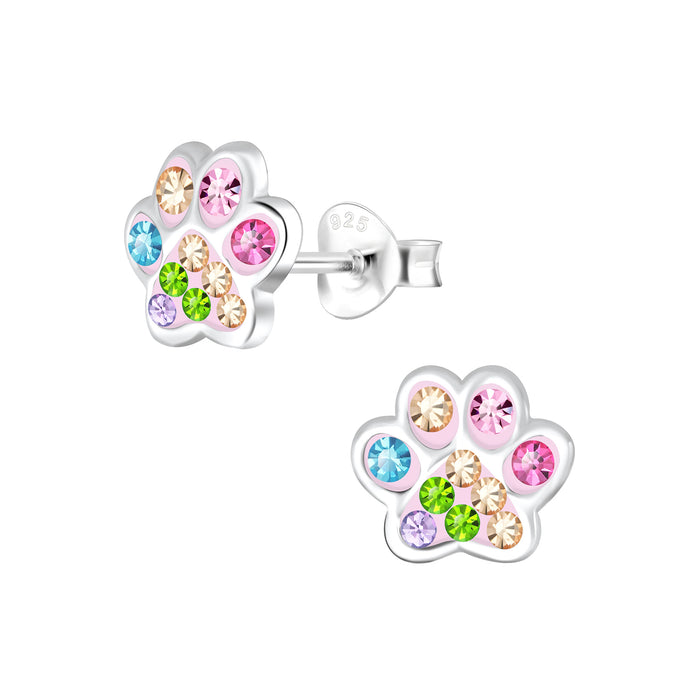 Joy|S - Zilveren kat hond dierenpoot oorbellen - 8 mm - multicolor kristal - poot afdruk - t54
