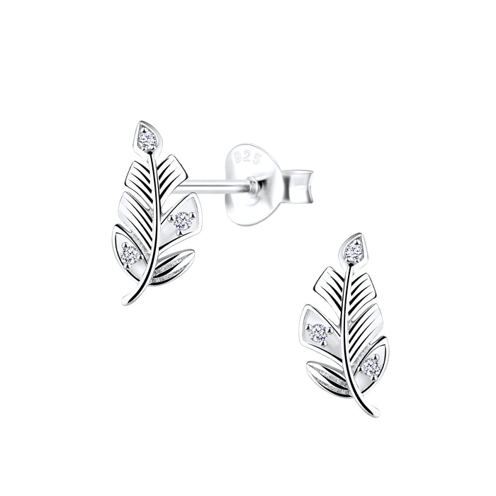 Joy|S - Zilveren blad oorbellen - 5 x 11 mm - blaadje / takje oorknoppen met zirkonia