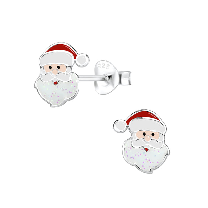 Joy|S - Zilveren kerstman oorbellen - 8 x 9 mm - met glittertjes - kerst oorknoppen - kinderoorbellen