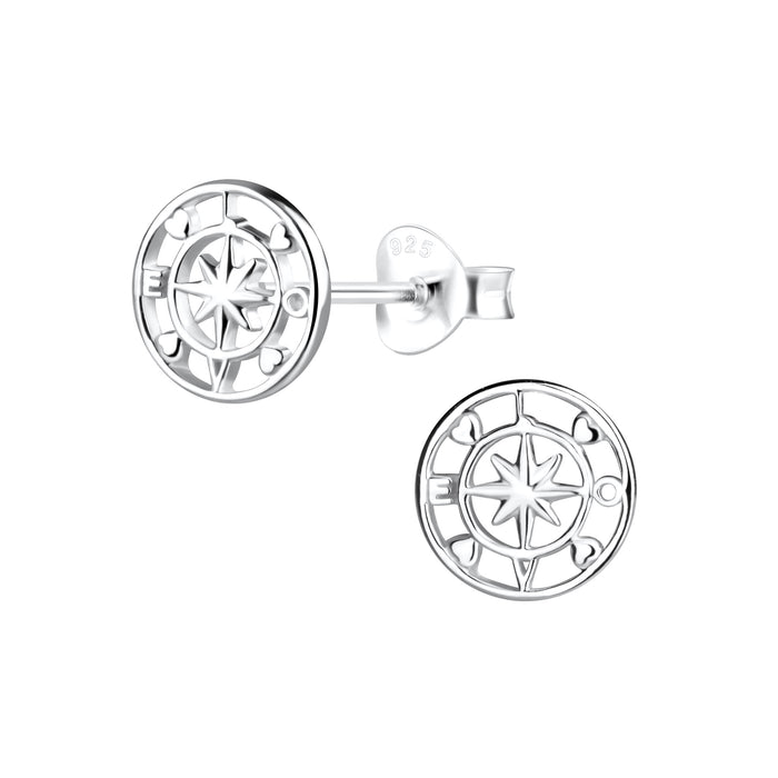 Joy|S - Zilveren ronde kompas oorbellen - 8 mm - met kleine hartjes - oorknoppen