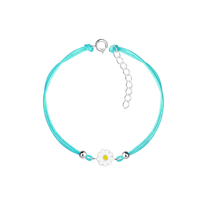 Joy|S - Zilveren madeliefje bloem bedel armband - bloemetje bedel sterling zilver 925 - turquoise blauw koord - th39