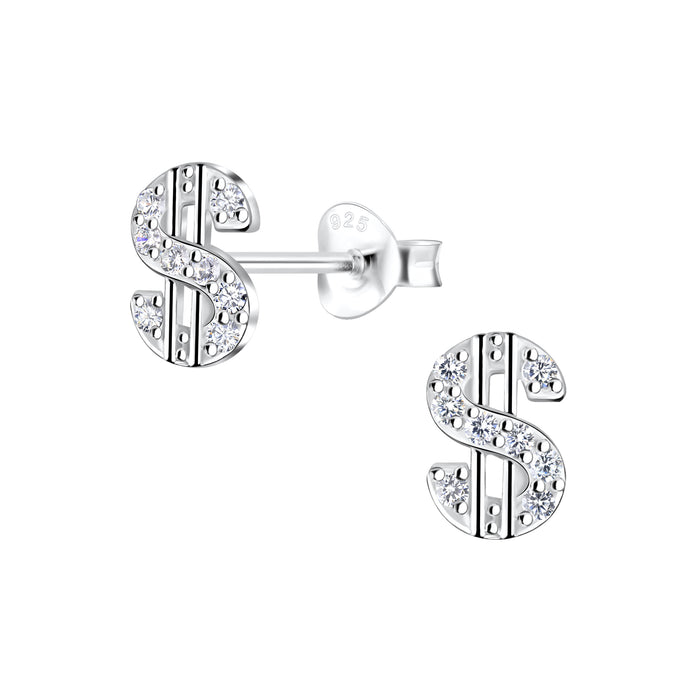 Joy|S - Zilveren dollar oorbellen - 5 x 8 mm - zirkonia - dollar teken oorknoppen
