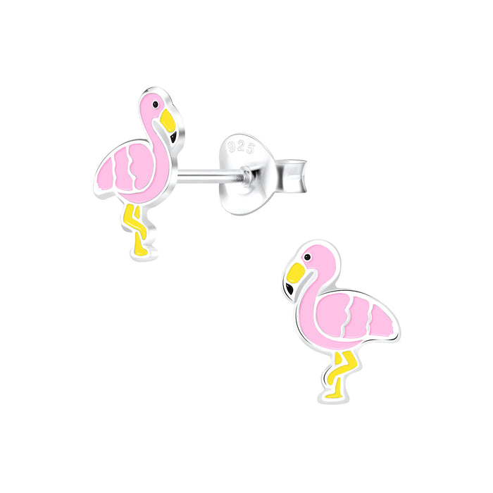 Joy|S - Zilveren Flamingo oorbellen - 7 x 9 mm - roze vogel - kinderoorbellen