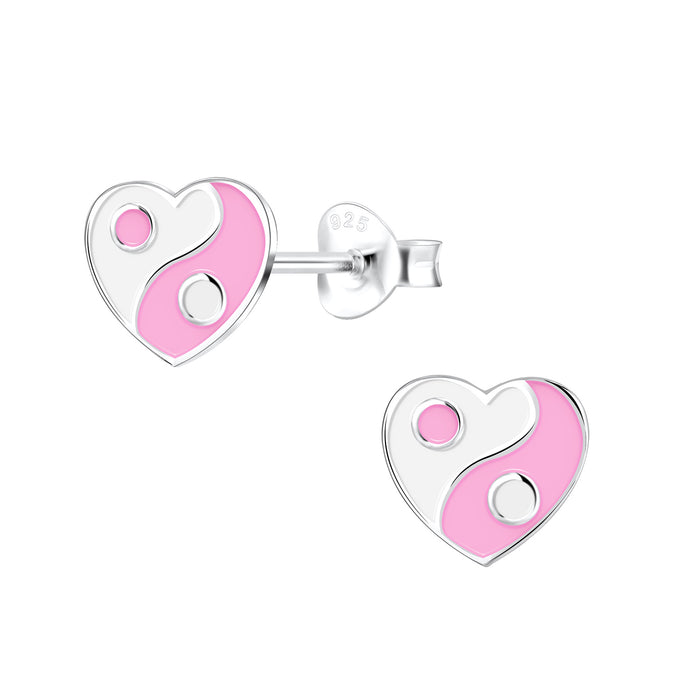 Joy|S - Zilveren hartje oorbellen - wit roze - yin yang - 8 mm