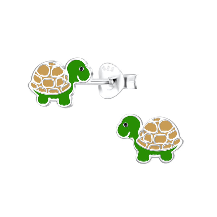 Joy|S - Zilveren schildpad oorbellen - 9 x 6 mm - bruin groen