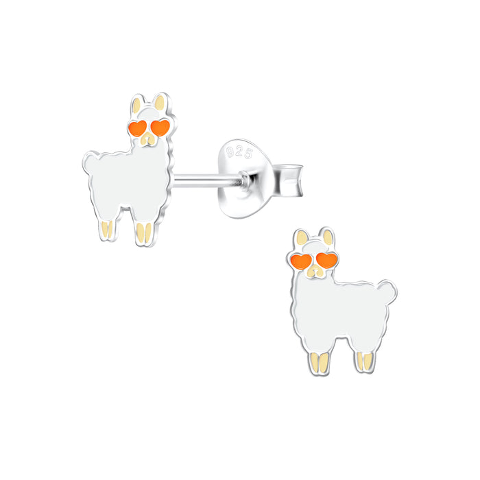 Joy|S - Zilveren Alpaca Lama oorbellen - 6 x 8 mm - wit met oranje hartjes bril