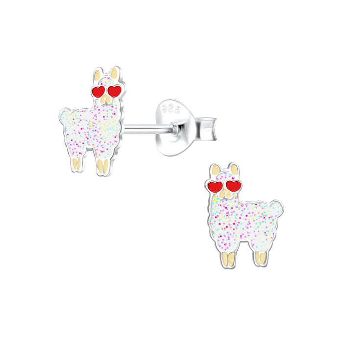Joy|S - Zilveren Alpaca Lama oorbellen - 6 x 8 mm - glitter wit met rode hartjes bril
