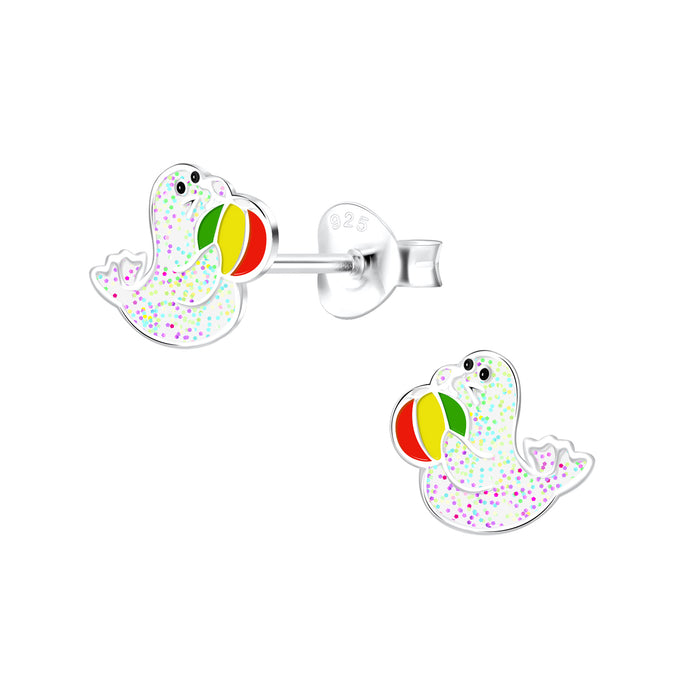 Joy|S - Zilveren zeehond oorbellen - 6 x 7 mm - glitter - met bal