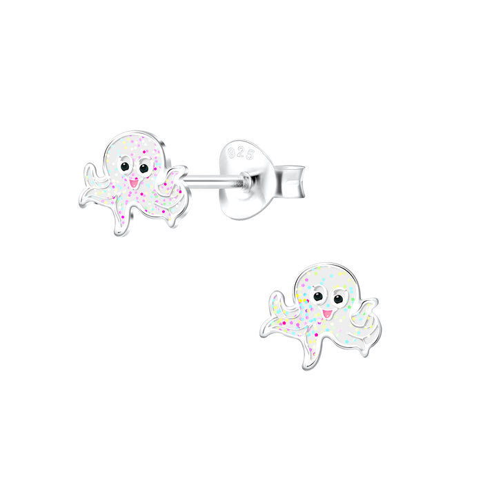 Joy|S - Zilveren octopus oorbellen - wit met glitter - 7 mm