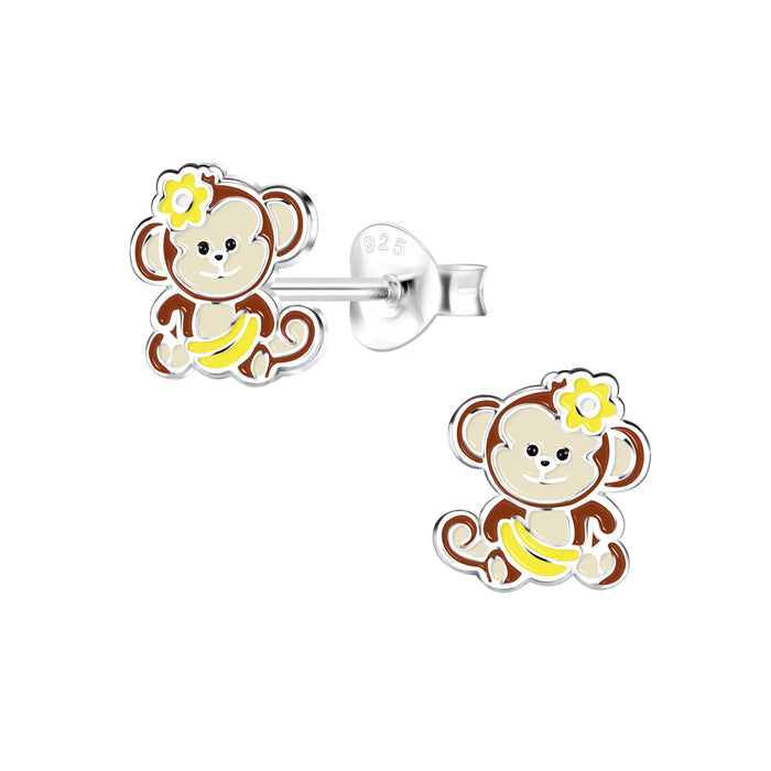 Joy|S - Zilveren aap oorbellen - 7 x 8 mm - met bloemetje en bananen - oorknoppen - kinderoorbellen