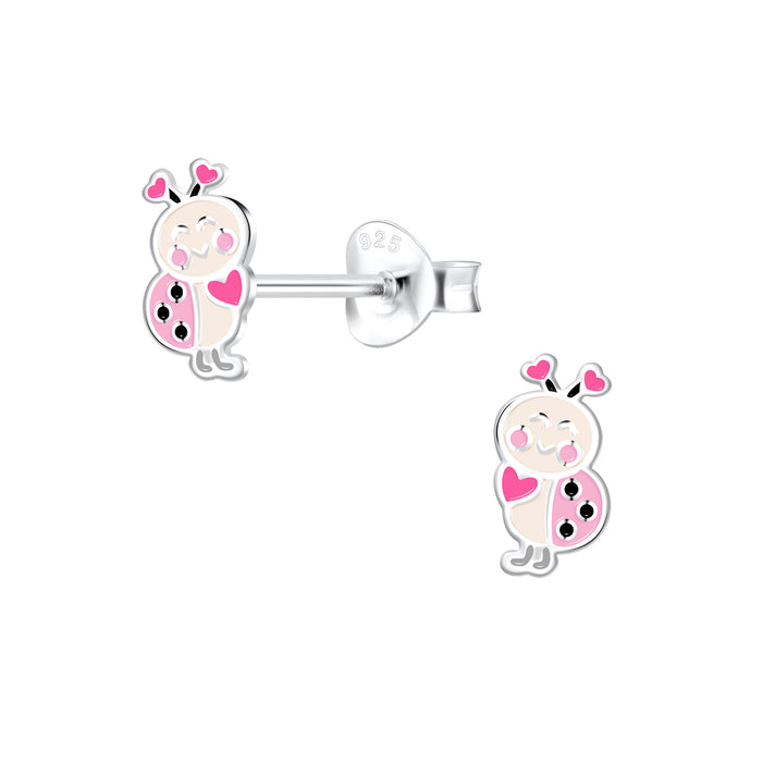 Joy|S - Zilveren lieveheersbeestje oorbellen - roze met hartjes - 4 x 9 mm