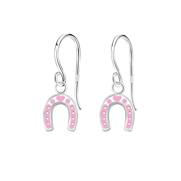 Joy|S - Zilveren hoefijzer bedel oorbellen - zilver roze met roze hartje - oorhangers - kinderoorbellen