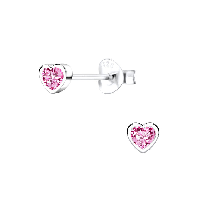 Joy|S - Zilveren petit hartje oorbellen - 4 mm - roze zirkonia - oorknopjes voor kinderen