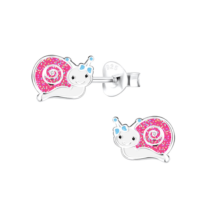 Joy|S - Zilveren slak oorbellen - 7 x 6 mm - wit roze met glitters - blauw strikje