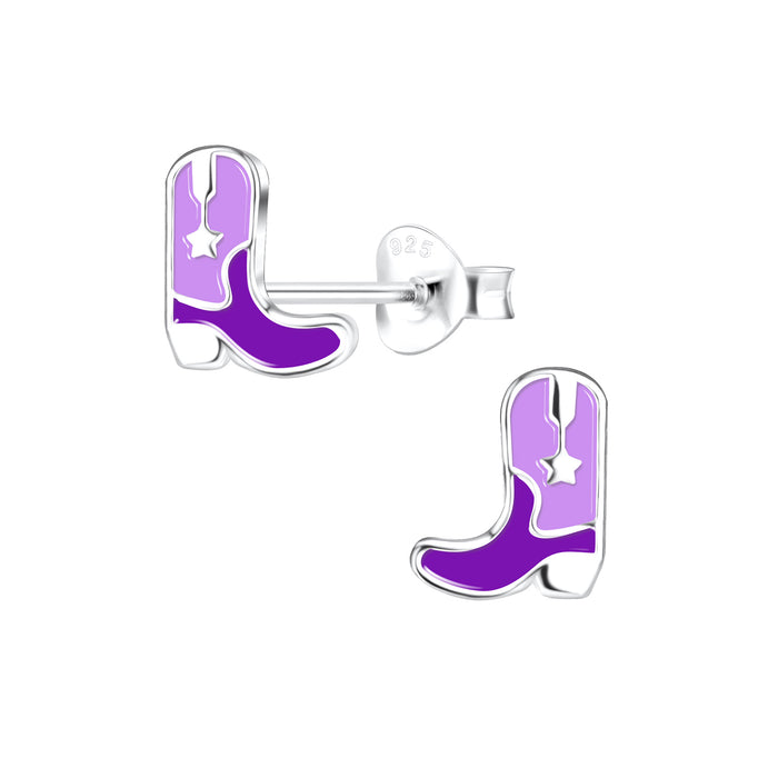 Joy|S - Zilveren cowboy laarzen oorbellen - 7 x 8 mm - paarse boots