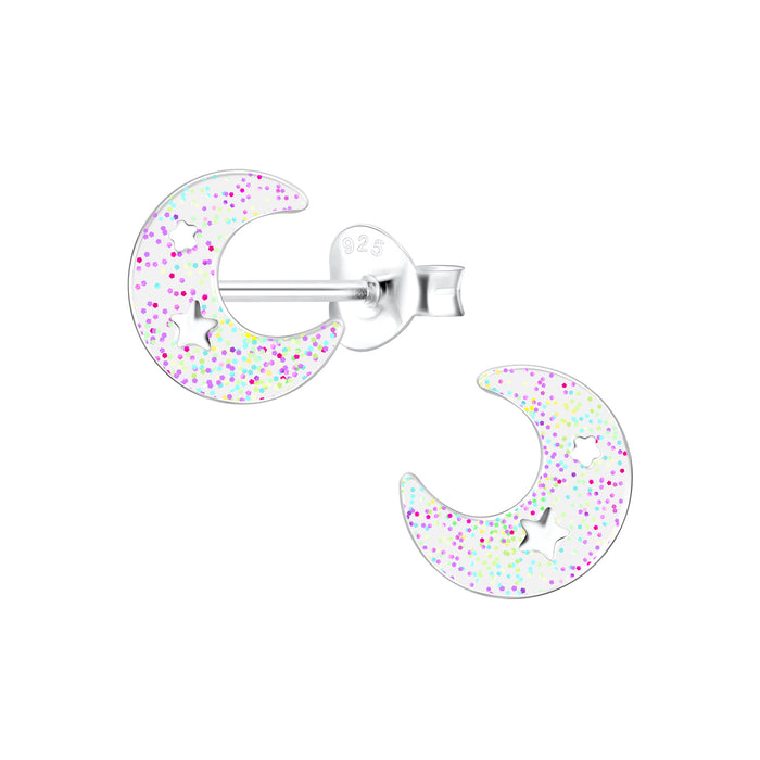 Joy|S - Zilveren maan oorbellen - 8 x 9 mm - glitters met kleine sterretjes