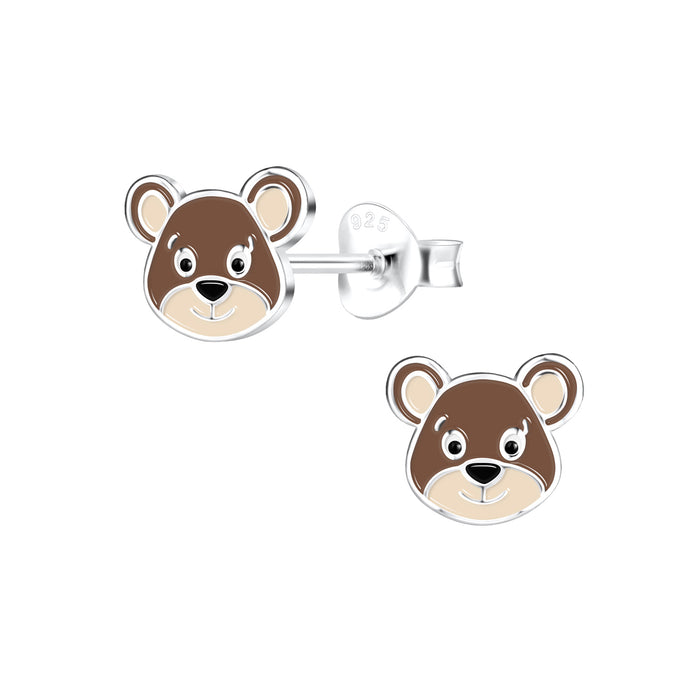 Joy|S - Zilveren beer oorbellen - 8 x 7 mm - bruin - kinderoorbellen