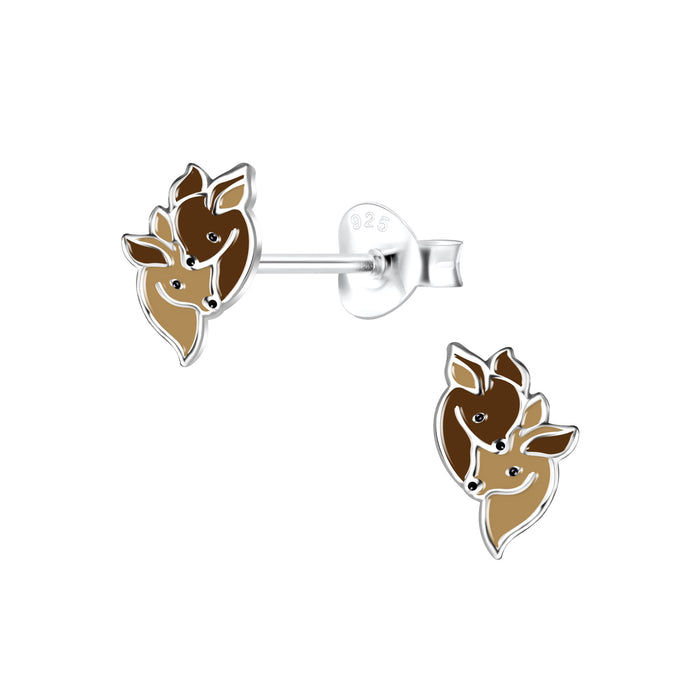 Joy|S - Zilveren hertje oorbellen - 6 x 8 mm - 2 hertjes - bruin