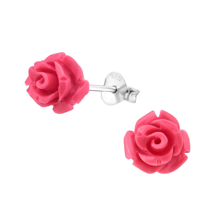 Joy|S - Zilveren roos oorbellen - roze roosje - 8 mm - bloem oorknoppen
