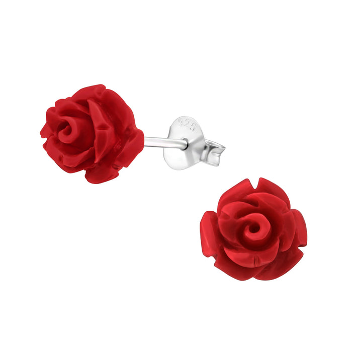 Joy|S - Zilveren roos oorbellen - rode roosje - 8 mm - bloem oorknoppen