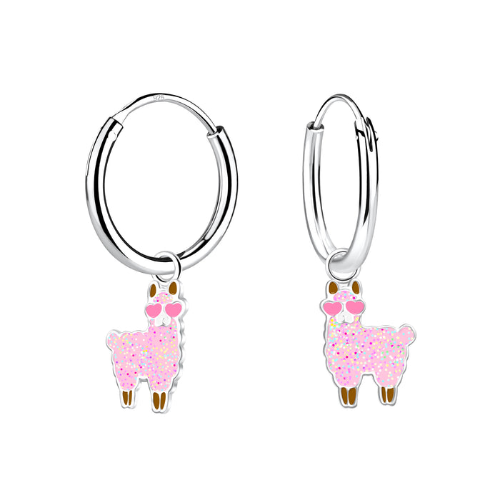 Joy|S - Zilveren alpaca lama bedel oorbellen - oorringen - roze met glitters en roze hartje bril - kinderoorbellen