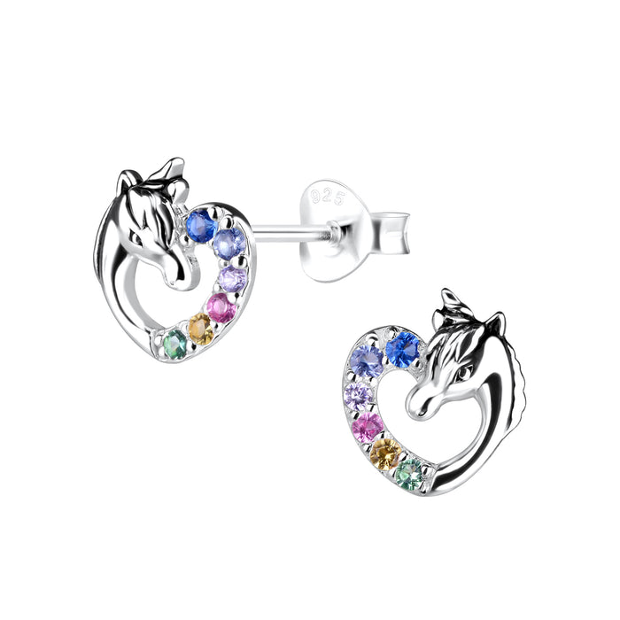 Joy|S - Zilveren eenhoorn hart oorbellen - 8 x 9 mm - hartje unicorn paard met zirkonia multicolor