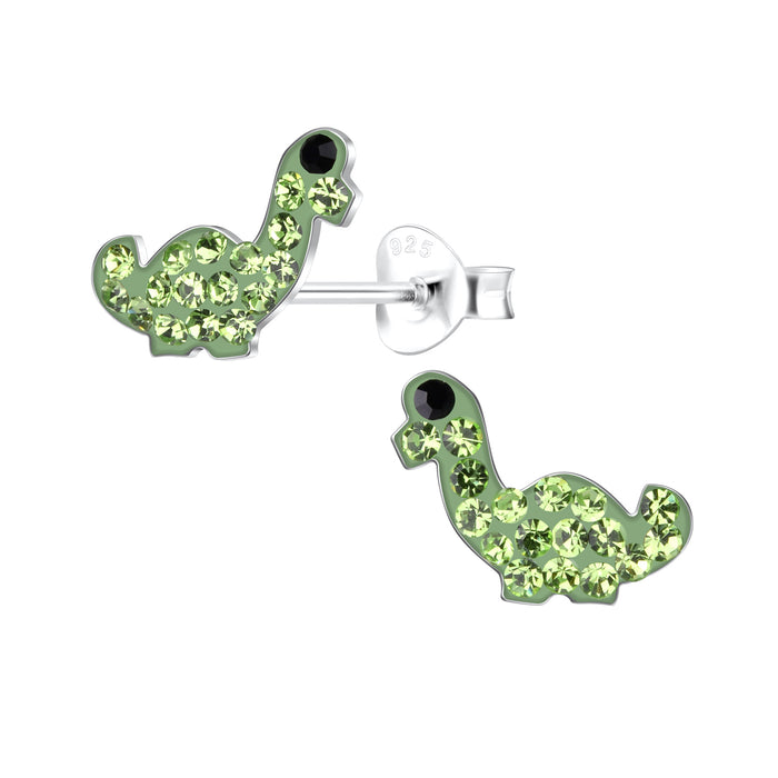 Joy|S - Zilveren dino oorbellen - 10 x 8 mm - dinosaurus - groen met groen kristal - kinderoorbellen