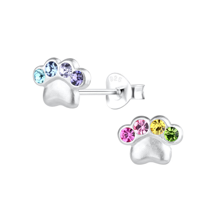 Joy|S - Zilveren kat hond dierenpoot oorbellen - 8 x 6 mm - kristal multicolor - poot afdruk