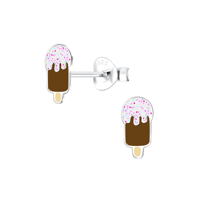 Joy|S - Zilveren ijsje oorbellen - 4 x 8 mm - chocolade met glitter dip - kinderoorbellen