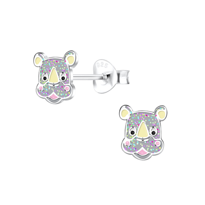 Joy|S - Zilveren neushoorn oorbellen - grijs met glitter - 6 mm - kinderoorbellen