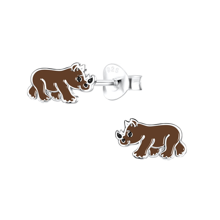 Joy|S - Zilveren neushoorn oorbellen - bruin - 8 x 5 mm - kinderoorbellen