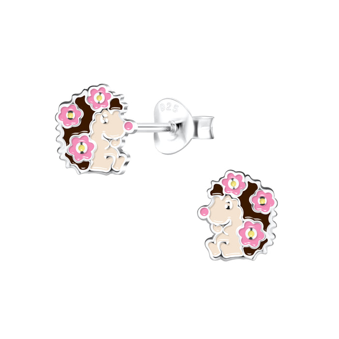 Joy|S - Zilveren egel oorbellen - met roze bloemetjes - 6 x 7 mm - kinderoorbellen
