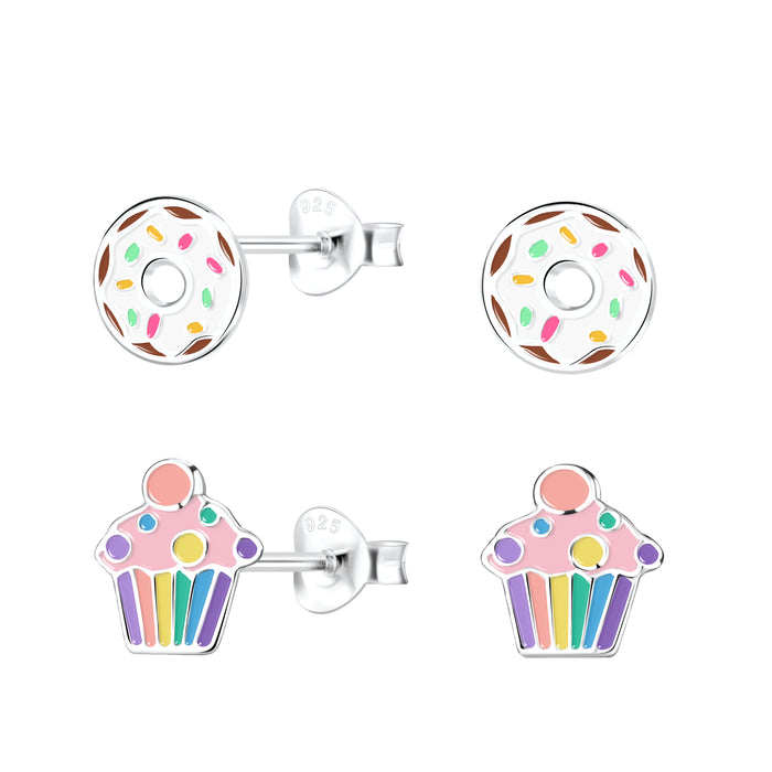 Joy|S - Zilveren cupcake en donut oorbellen - set 2 paar - oorknoppen - kinderoorbellen