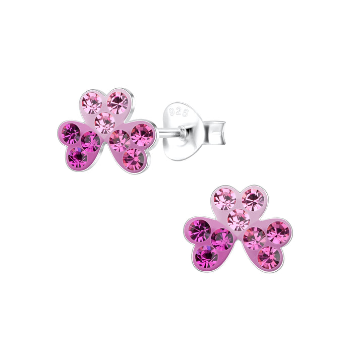 Joy|S - Zilveren klaver oorbellen - roze paarse oorknoppen - 8 x 7 mm - kristal roze