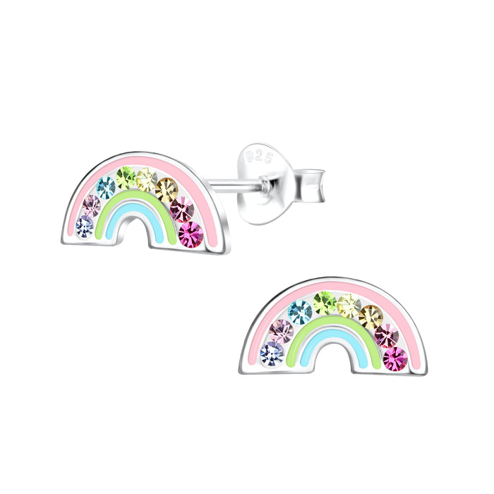 Joy|S - Zilveren regenboog oorbellen - 10 x 5 mm - roze groen blauw met kristal - kinderoorbellen