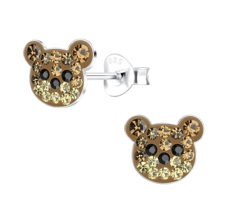 Joy|S - Zilveren beer oorbellen - 13 x 12 mm - bruin met kristal - kinderoorbellen