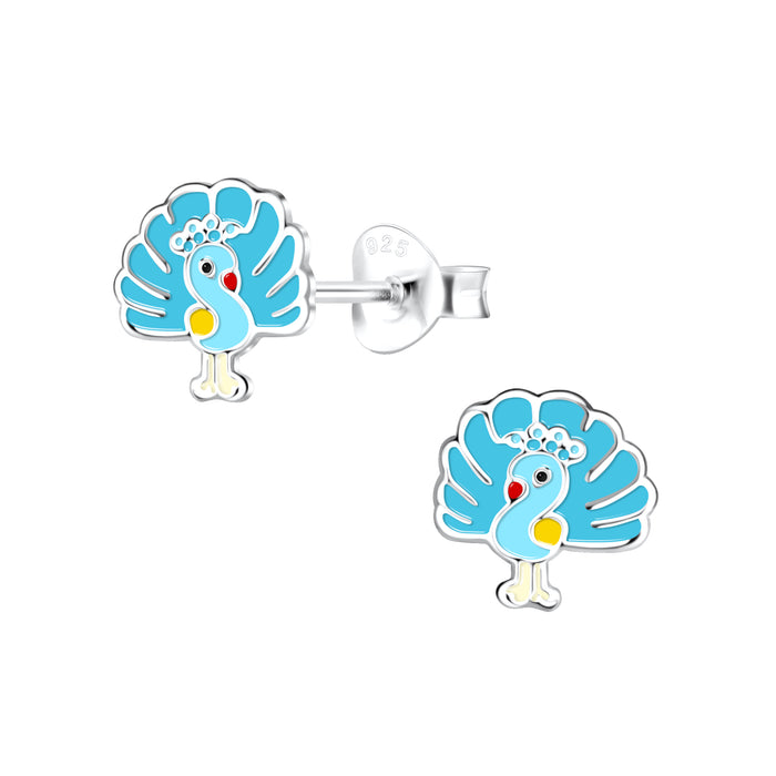 Joy|S - Zilveren pauw oorbellen - 8 mm - blauw turquoise - kinderoorbellen