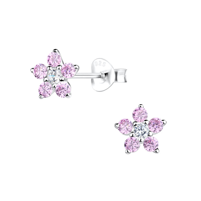 Joy|S - Zilveren bloem oorbellen - 7 mm - zirkonia roze - oorknoppen bloemetje