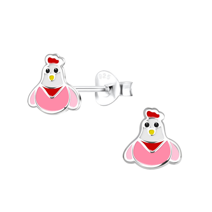 Joy|S - Zilveren kip oorbellen - 7 mm - roze wit rood - kinderoorbellen - pasen