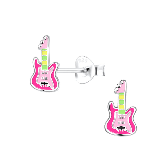 Joy|S - Zilveren gitaar oorbellen - 5 x 9 mm - roze - kinderoorbellen