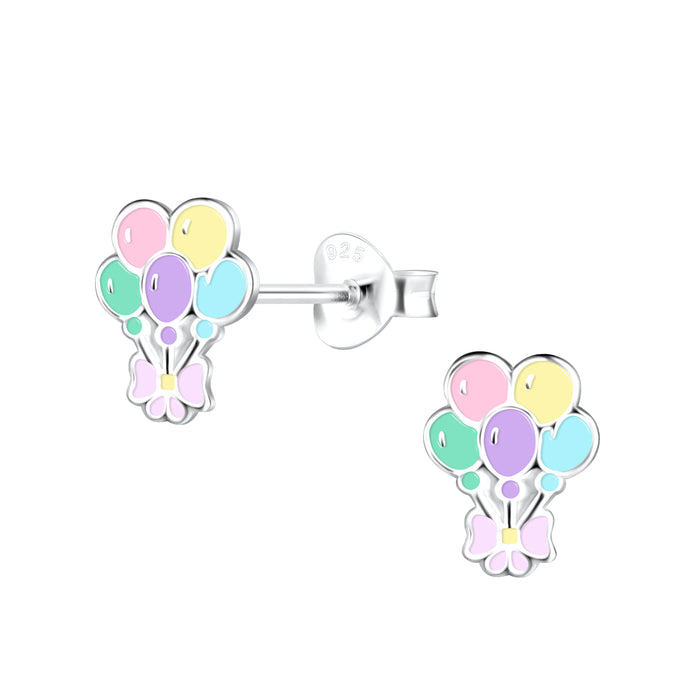 Joy|S - Zilveren ballon oorbellen - pastel kleurtjes - lila strikje - 7 x 9 mm - feest oorknoppen - kinderoorbellen