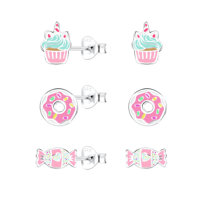 Joy|S - Zilveren oorbellen set - cupcake | donut | snoepje met hartje - 3 paar - kinderoorbellen