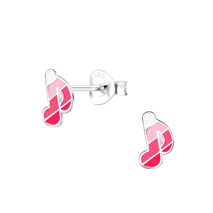 Joy|S - Zilveren muzieknoot oorbellen - 5 x 7 mm - wit roze gestreept - muziek noot oorknoppen - kinderoorbellen