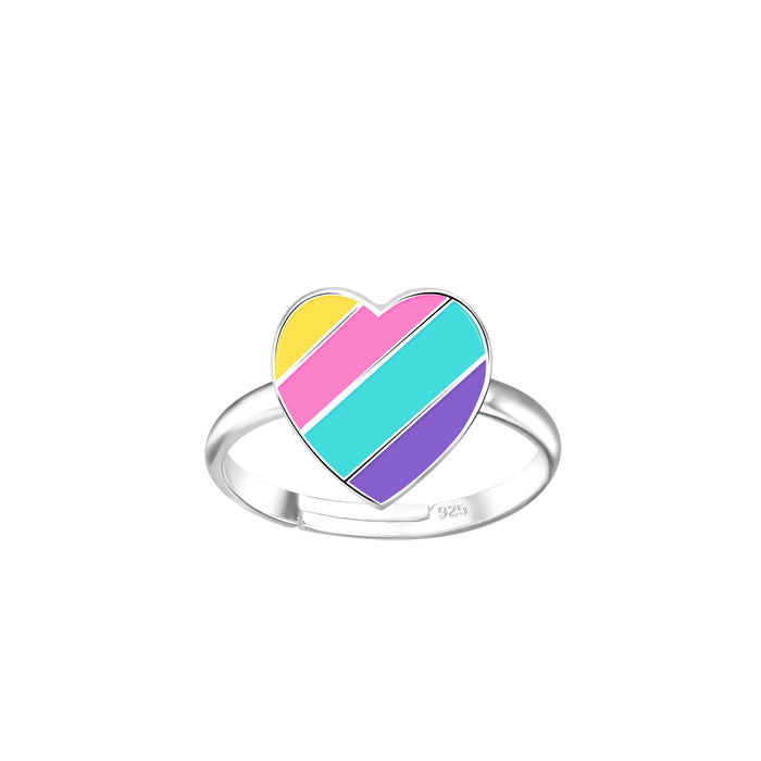 Joy|S - Zilveren hartje ring - verstelbaar - regenboog multicolor strepen