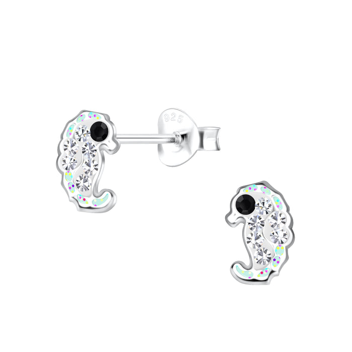 Joy|S - Zilveren baby zeepaardje oorbellen - 5 x 8 mm - wit - kristal - glittertjes - kinderoorbellen
