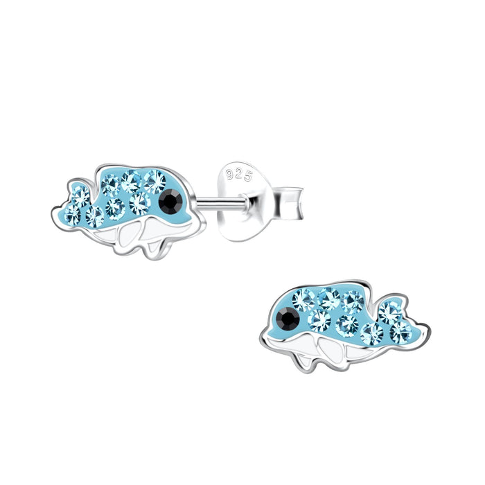 Joy|S - Zilveren baby dolfijn oorbellen - 10 x 5 mm - blauw met blauw kristal - kinderoorbellen